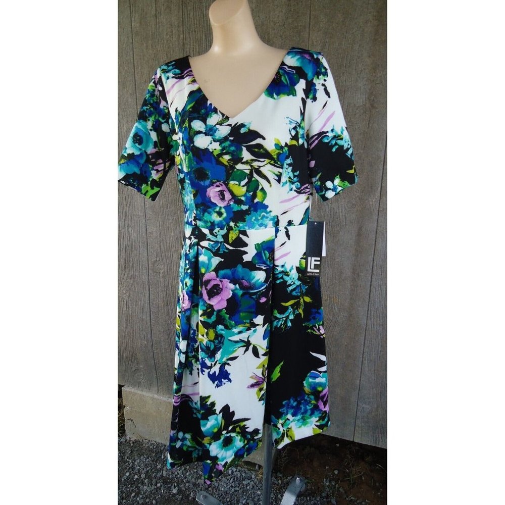 Classic Black Floral 8 Azure Blue Leslie Faye Summer Dress $118 Machine Washable